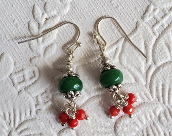 Holiday Earrings Red Berry Earrings Green Earrings Christmas Earrings Winter Earrings Gift for Her Rustic Earthy Simple Handmade