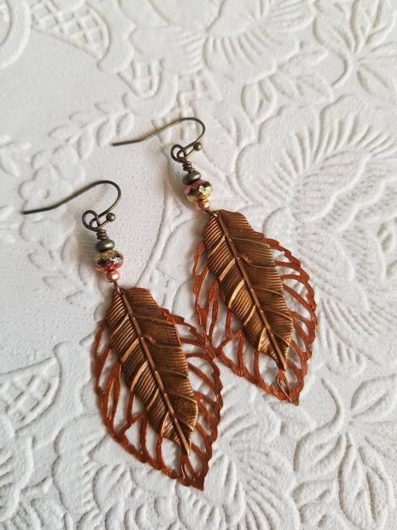 19 Fall Earrings With Leaves, Acorns and Pumpkins 12 Copper Leaf Earrings