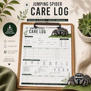 May include: A printable Jumping Spider Care Log on a wooden clipboard. The log includes sections for tracking feeding, behavior, and molting. The text reads "Track. Care. Thrive." and "Observe. Record. Understand. Your Spider Thrives."