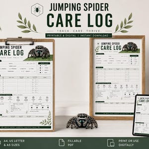 以下が含まれることがあります： ジャンピングスパイダーケアログの印刷可能版とデジタルダウンロード。スパイダーケアを追跡するための詳細なレイアウトで、毎日のタスク、健康、環境のセクションがあります。A4、USレター、A5サイズが含まれています。