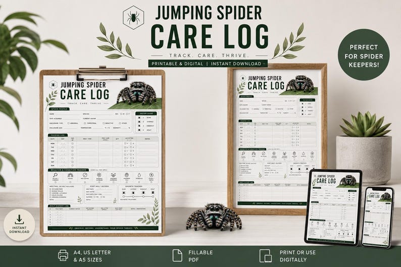 以下が含まれることがあります： ジャンピングスパイダーケアログの印刷可能版とデジタルダウンロード。スパイダーケアを追跡するための詳細なレイアウトで、毎日のタスク、健康、環境のセクションがあります。A4、USレター、A5サイズが含まれています。