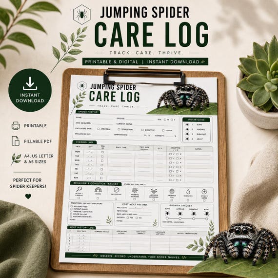 Jumping Spider Feeding Molting Tracker | Pet Care Log (PDF Download)