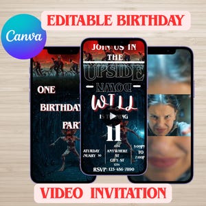 Puede incluir: Tres pantallas de smartphone que muestran una invitación de cumpleaños. La pantalla central presenta el texto "JOIN US IN THE UPSIDE DOWN" y "WILL IS TURNING 11". La invitación incluye detalles del evento e información de RSVP.