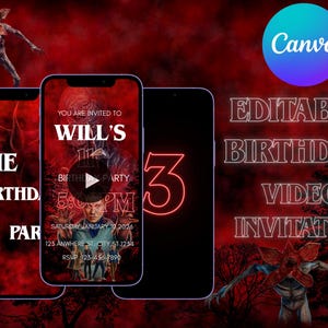 Stranger Things födelsedagsvideoinbjudan; redigerbar videoinbjudan; digital animerad mobilfestinbjudan till Canva