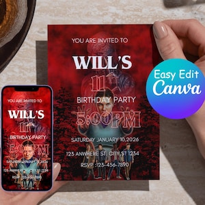 May include: A red invitation card with the text "YOU ARE INVITED TO WILL'S 11TH BIRTHDAY PARTY 5:00 PM" and event details. The design includes a graphic of a person and a monster. A smartphone displays the same invitation.