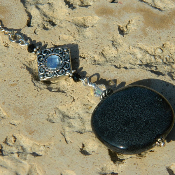 Lustrous Porcelain Pendant Smooth & Dark Gray in Color with a Sparkle, Stylish necklace, Statement Piece