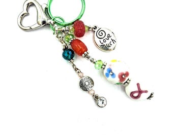 Whimsical, pink, green, Love Much charm beaded Candy Colors Key Chain, Purse Charm