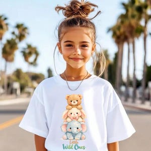Little Wild Ones Stacked Animals Kids Tee: Watercolor Teddy, Bunny, Elephant Nursery Toddler Shirt
