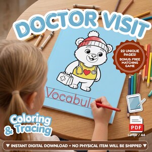 Doctor Visit Tracing Pages, 22 Pgs Toddler Trace Worksheets, Kids Medical Activity, Milyn Bear Printable, Digital iPad File