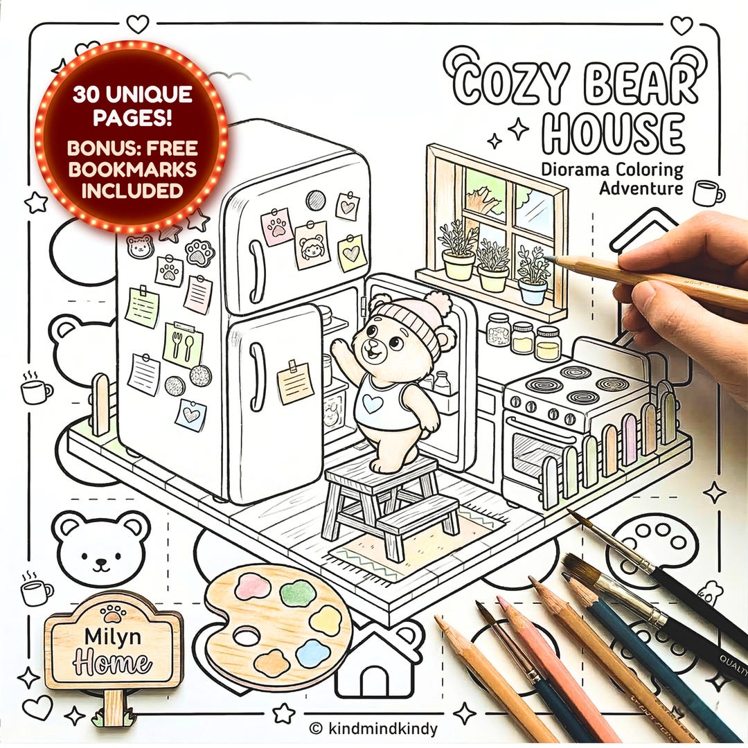 Cozy Bear House Isometric Coloring Book, Kawaii Interior Pages (digital ...
