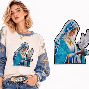 Parche de lentejuelas de la Virgen del Ángel Sagrado / Aplique termoadhesivo de la Virgen María bordado religioso para la parte trasera de la chaqueta vaquera