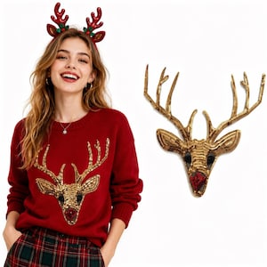 Large Gold Sequin Deer Head Patch | Stag Antler Appliquéb for Denim Jacket Back,Christmas,Festival & Statement Fashion