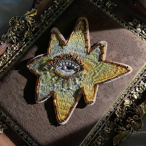 Gold Evil Eye Star Patch | Hand Beaded Embroidered Celestial Eye Applique | Mystic Boho Jacket Decoration