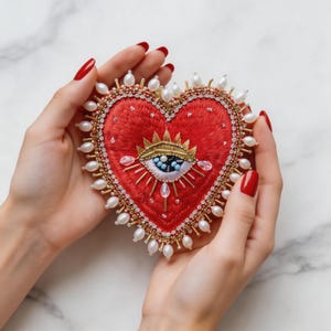 Può includere: Spilla ricamata a forma di cuore rosso con un disegno a corona e occhio dorato. La spilla è adornata con perle e perline dorate. Il disegno è tenuto da un paio di mani con smalto rosso.
