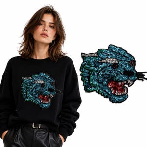 Toppa con paillettes a forma di pantera blu / Applicazione a forma di testa di felino ruggente per giacche di jeans, abbigliamento di scena e moda punk