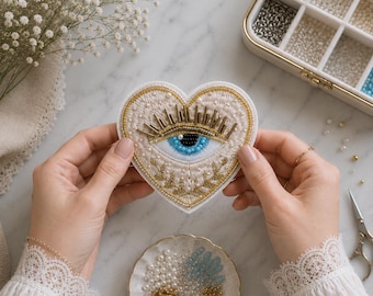 Op de afbeelding: Geborduurd hartvormig embleem met een blauw oogontwerp, gouden en witte details. De patch is versierd met kralen en gouddraad. Een klein schaaltje met kralen en een bakje met kralen zijn ook zichtbaar.