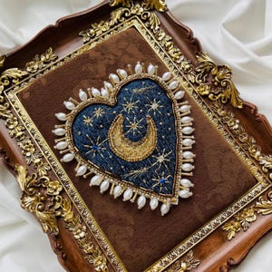 Celestial Moon Heart Patch | High End Embroidery Gold Star Applique | Statement Beaded Patch for Jacket & Bag