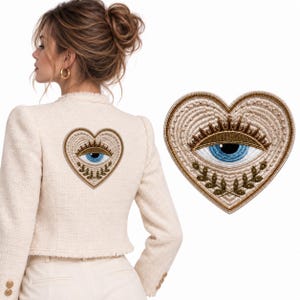 Opaska na oko Mystic Sacred Heart Evil | Złota haftowana aplikacja koralikowa | Barokowa opaska na oko | Ręcznie wyszywana koralikami opaska w kształcie serca