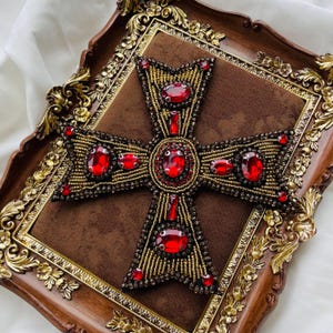 Baroque Red Cross Patch | Beaded Rhinestone Religious Applique | Gothic Statement Patch for Jacket