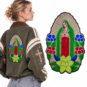 Sequin Virgin Mary Patch Large | Embroidered Applique Guadalupe Religious Patch | Sacred Heart Catholic Iron On Patch Jacket Back Decoration