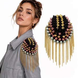 Schouderstukken met spikes en kettingfranjes | Stompe schouderaccessoires met studs voor jassen, blazers en kostuums