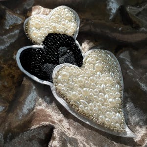 Large Pearl Heart Patch | Triple Heart Iron On Applique | Black & Ivory Beaded Heart | Glam Jacket Back Patch