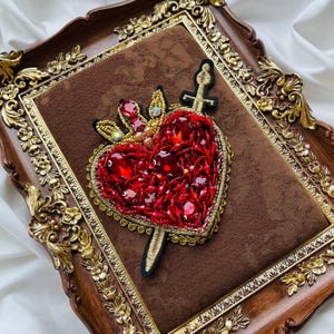 Sacred Heart Beaded Patch with Gold Lace | Luxury Embroidered Heart & Sword Applique | Gothic Religious Statement Patch for Jacket