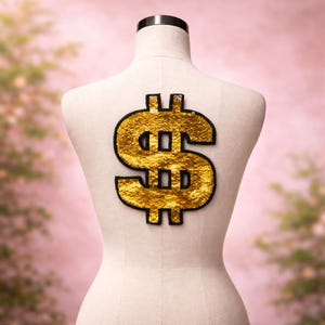 Omkeerbare dollarpatch met pailletten | Appliqué met geldbord met lovertjes | Gouden en zilveren paillettenpatch | Aannaaien voor jas of tas