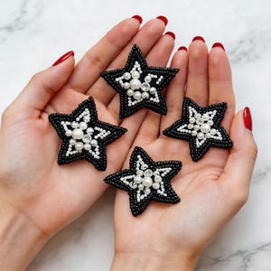 Pearl Star Patch | Black & White Beaded Embroidered Applique | Monochrome Statement Star Patch for Blazer,Jacket or Bag