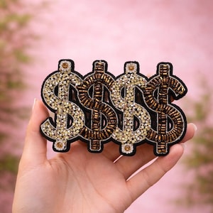 Parche de diamantes de imitación con símbolo de dinero / Aplique de dólar con cuentas / Adorno termoadhesivo brillante para chaqueta, bolso o jeans