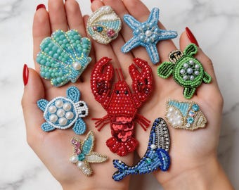 Parche artesanal con cuentas marinas / Aplicaciones de animales marinos / Parches bordados de cangrejo, tortuga, estrella de mar, concha y ballena para chaqueta