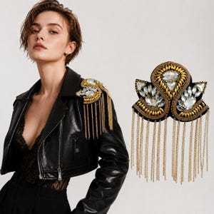 Crystal Fringe Shoulder Epaulette | Gold Silver Military Inspired Shoulder Accessory for Blazers and Jacket