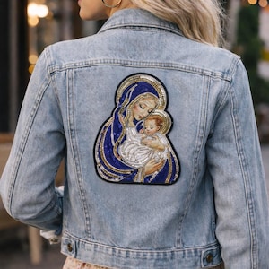 Blue Sequin Madonna Patch | Sacred Mother & Child Embroidered Applique | Renaissance Art Inspired Large Statement Iron On Patch