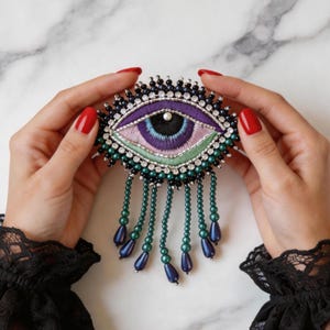 Fringe Evil Eye Patch, Beaded Tassel Applique, Handmade Rhinestone Eye Sew on Badge for Jacket Pocket,Whimsigoth Dress Decor