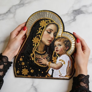 Sacred Madonna & Child Sequin Iron on Patch | Gold Halo Embroidered Religious Icon Applique | Catholic Art statement Jacket Back Decoration
