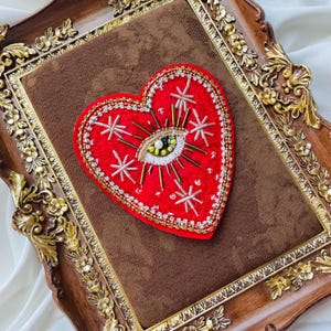 Mystic Sacred heart evil eye patch | Symbolic hand beaded applique | Amulet style embroidery for denim jacket