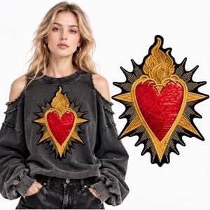 Vintage Milagro Heart Patch - Gold Flaming Sacred Heart Iron On Applique - Mexican Folk Art Sequin Embroidery for Jackets back