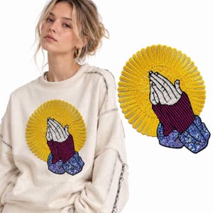 Praying Hands Sequin Iron on Patch | Large Religious Applique Gold Halo Jacket Back Patch | Catholic Inspired Embroidered Clothing decor