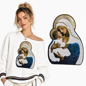 Toppa con paillettes blu raffigurante la Madonna / Applicazione ricamata con la Sacra Madre e il Bambino / Toppa termoadesiva di grandi dimensioni ispirata all'arte rinascimentale