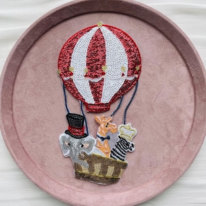 Sequin Hot Air Balloon Animal Patch | Elephant Giraffe Zebra Embroidered Applique | Whimsical Circus Style Iron On