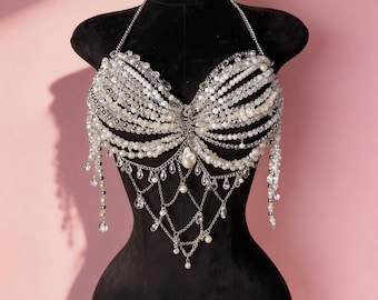 Bralette-top met parelkralen - festivaloutfit met kristallen ketting - top met strass-lichaamssieraden voor rave, feest of concert