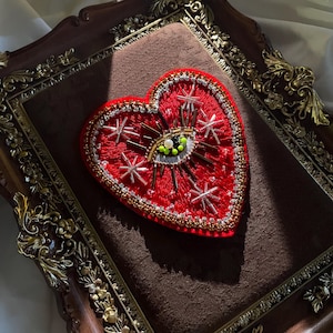 Mystic Sacred heart evil eye patch | Symbolic hand beaded applique | Amulet style embroidery for denim jacket