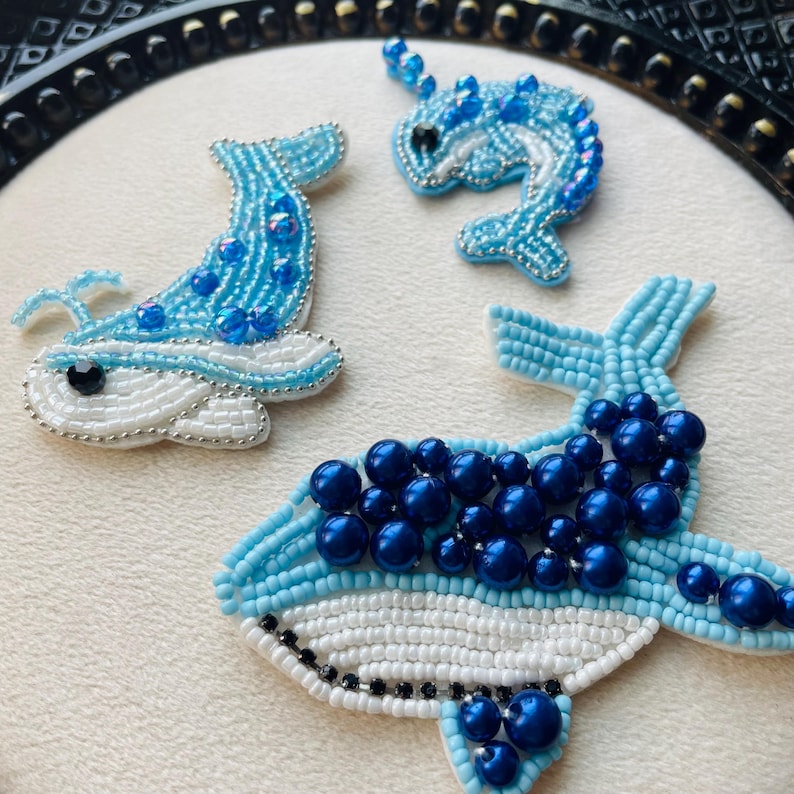 Beaded Whale Dolphin Patch - Cute Ocean Animal Appliqué - Blue Marine ...