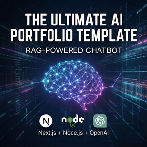 Peut inclure: Graphique numérique pour un modèle de portfolio d'IA. Le texte indique "THE ULTIMATE AI PORTFOLIO TEMPLATE" et "RAG-POWERED CHATBOT". Un cerveau bleu brillant est représenté. Les logos de Next.js, Node.js et OpenAI sont également inclus.