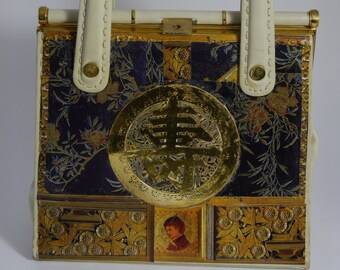 Vintage handbag 1970s  " CHINA " unique handbag  vintage purse steampunk  chinese handbag upcycling embellished bag