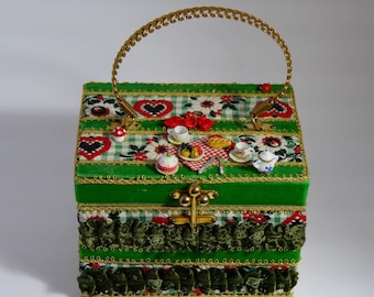 Bolso vintage, década de 1960, "Picnic con los suizos", bolso reciclado único, monedero adornado, regalo para ella
