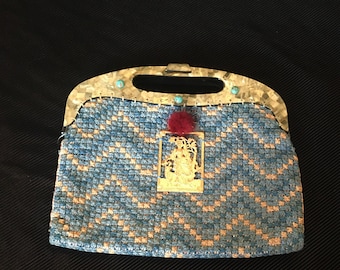 Sac à main vintage  " Blue Tapisserie " pièce unique retro chic insolite steampunk art deco  surcyclage mariage cadeau pour elle