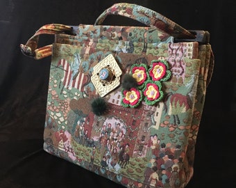 Sac à main vintage 1970  " chevaliers et castels  " pièce unique retro chic  insolite  surcyclage mariage upcycling embellissed handbag