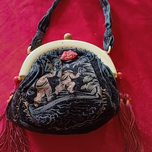 Velvet Handbag  1920 &quot;  Indochine  &quot;  unique piece retro chic   Art deco  pouch   upcycling bag wedding embellished bag