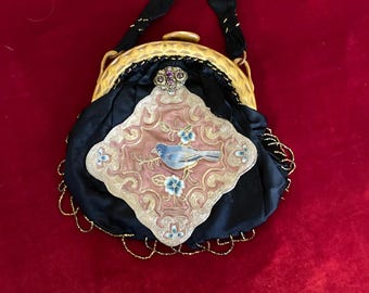 Antique evening handbag celluloid frame  " Indian song" "  unique piece   antique  pouch   upcycling wedding embellished bag